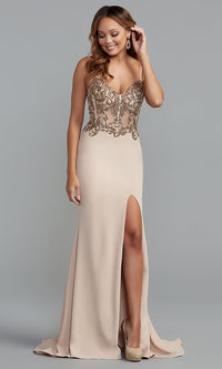 Champagne/Gold Long V-Neck Prom Dress with Sequined Sheer Bodice