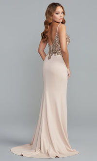  Long V-Neck Prom Dress with Sequined Sheer Bodice