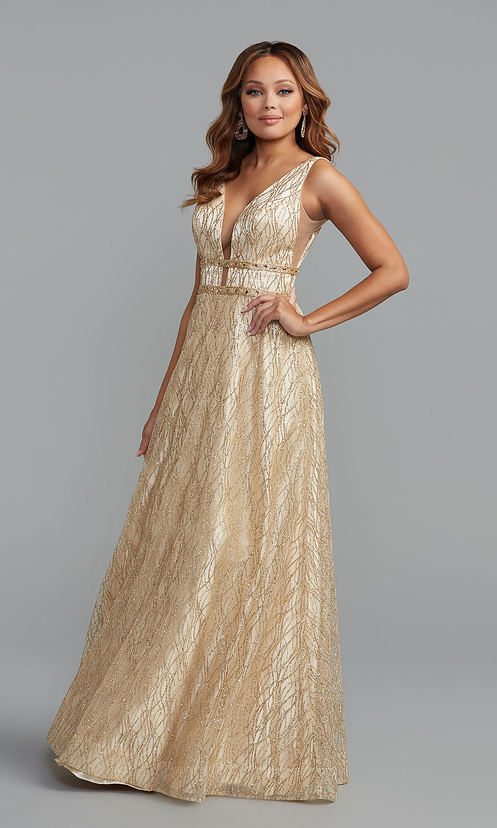 Champagne Toast Glitter-Mesh Long Backless A-Line Prom Dress