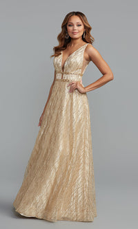 Champagne Toast Glitter-Mesh Long Backless A-Line Prom Dress