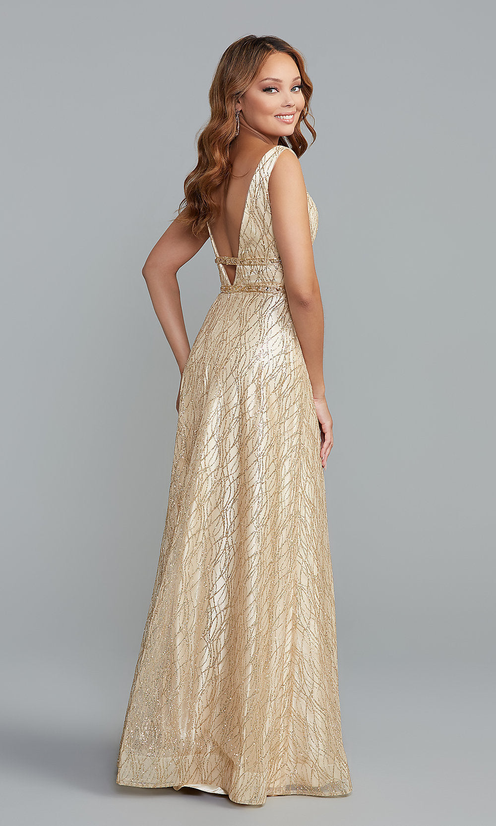  Glitter-Mesh Long Backless A-Line Prom Dress