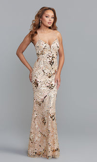 Champagne/Gold Backless Sequin-Print Long Sexy Formal Prom Dress