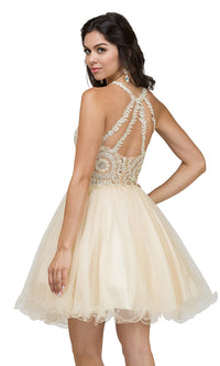 Champagne High-Neck Babydoll Fancy Short Homecoming Dress