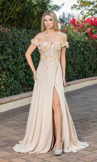 Champagne Corset-Back Off-Shoulder Long A-Line Prom Dress