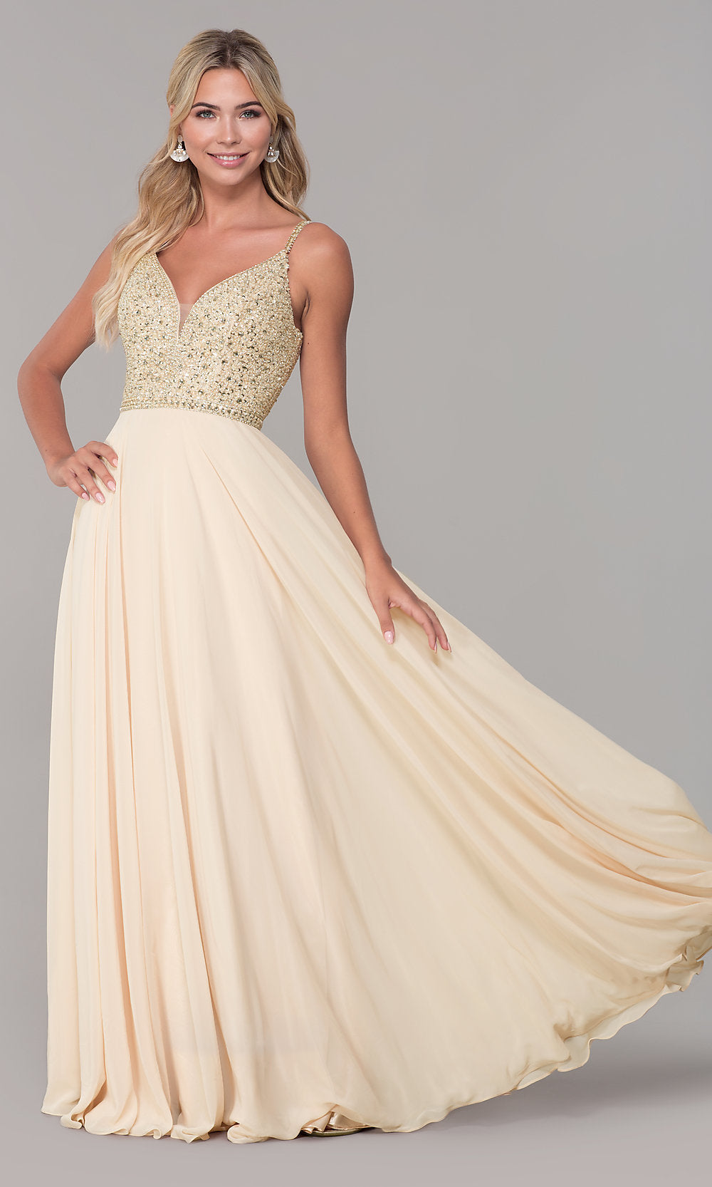 Champagne Rhinestone-Bodice Long Chiffon Formal Dress for Prom