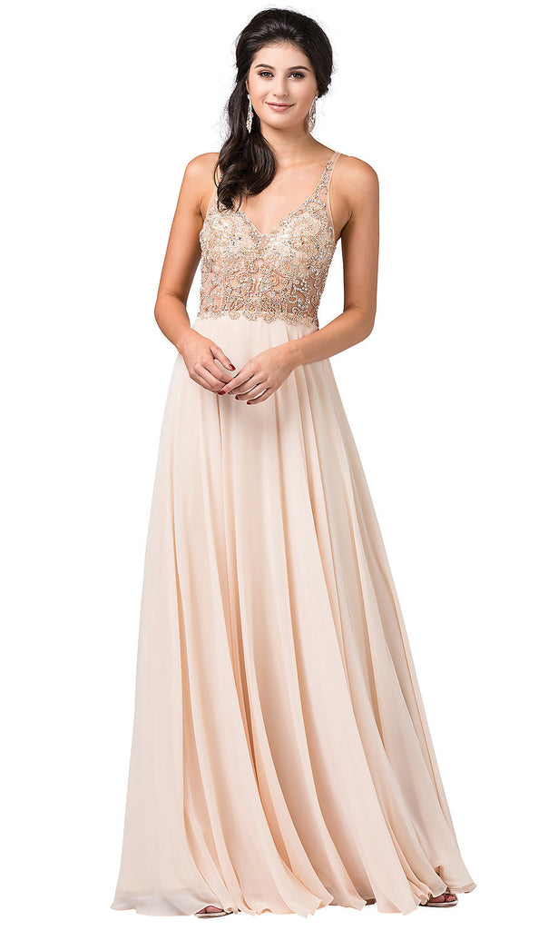 Long Open Back Prom Dress Beaded Bodice