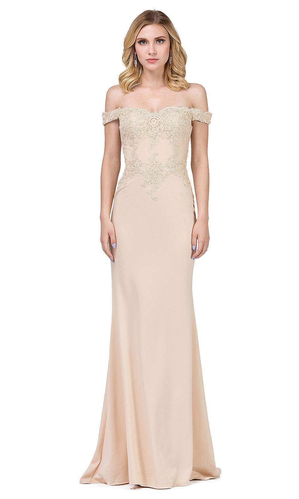 Champagne Embroidered Off-the-Shoulder Sweetheart Prom Gown