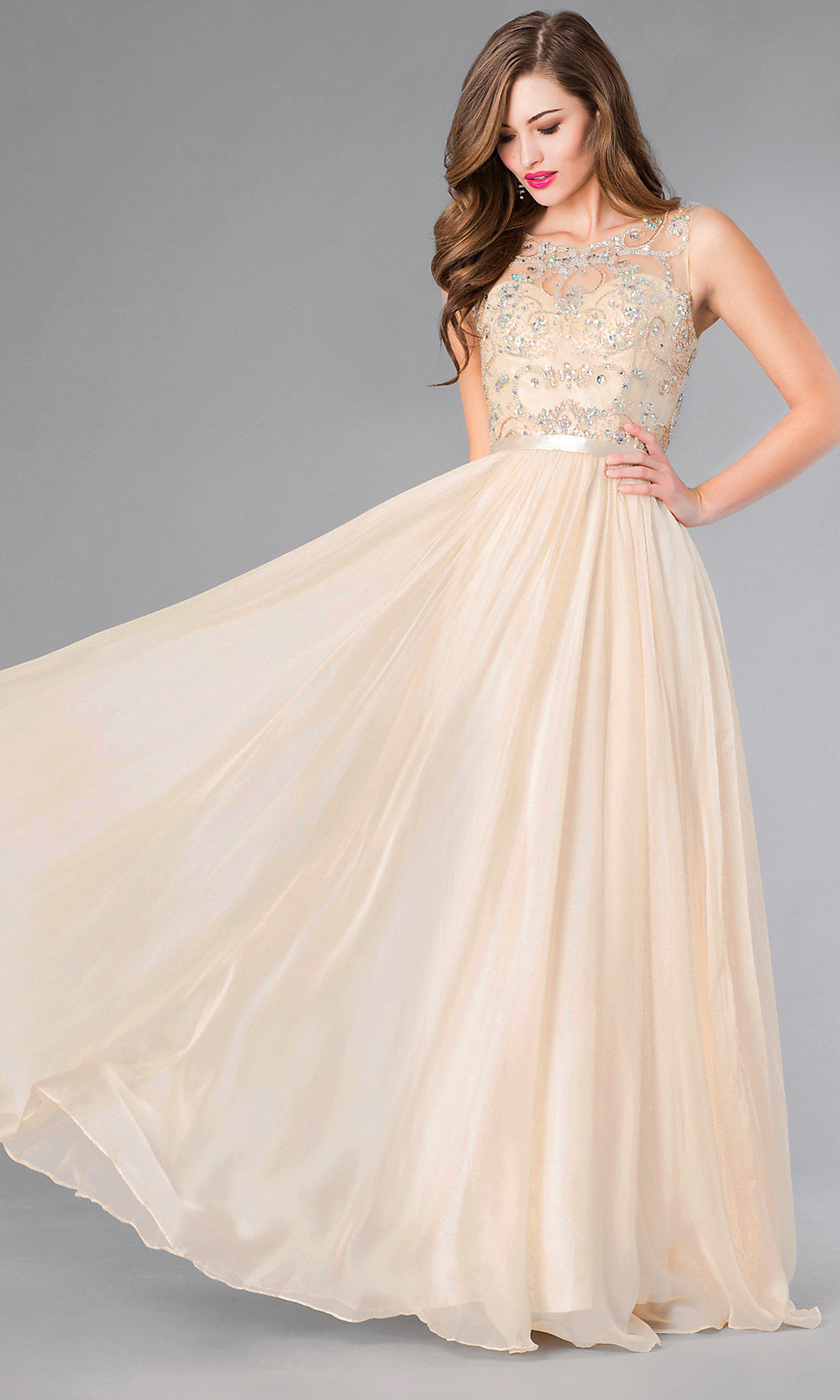 Long Sleeveless Prom Dress, Jeweled Evening Gown Champagne / XLarge Long Sleeveless Prom Dress, Jeweled Evening Gown Champagne / XLarge
