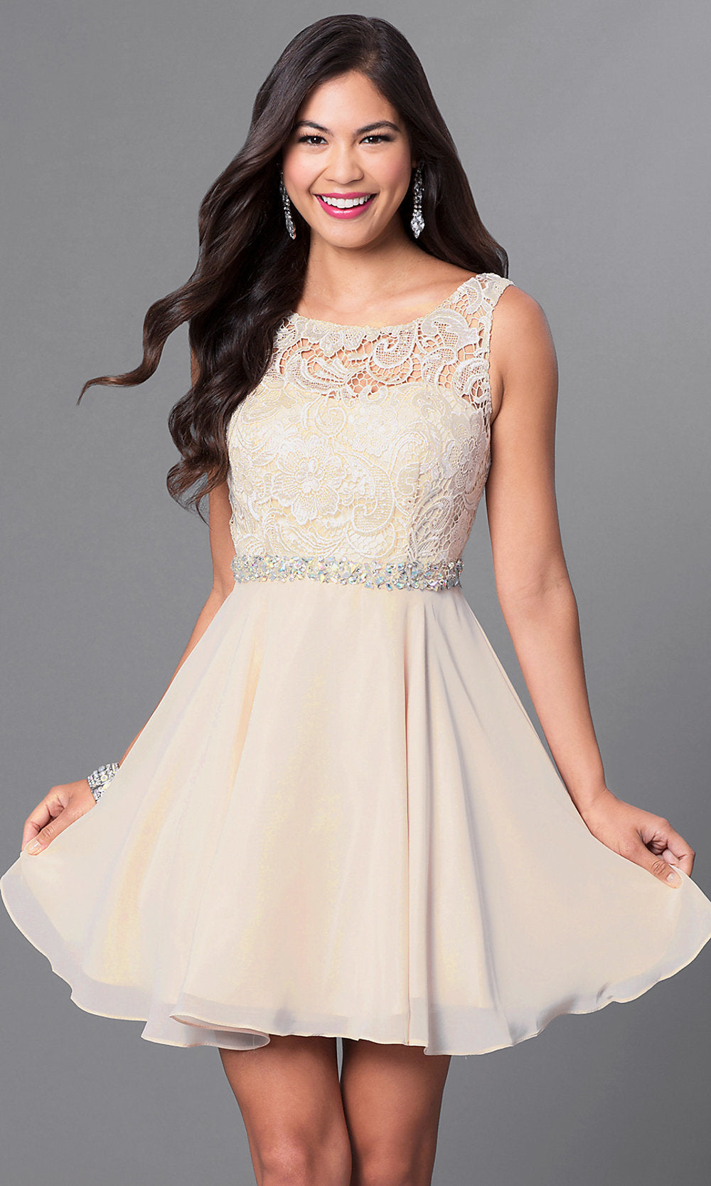 Champagne Short Lace-Bodice V-Back Semi-Formal Party Dress