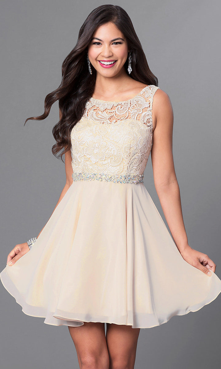 champagne color short dress Short Lace-Bodice Homecoming Party Dress