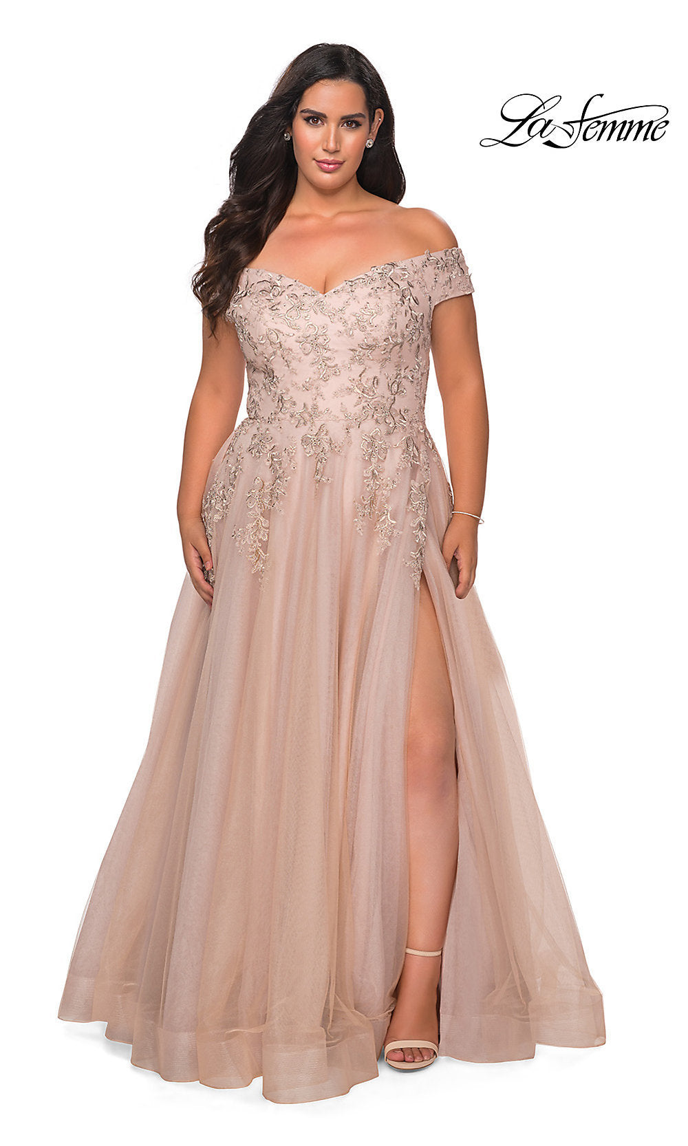 Embroidered La Femme Plus-Size Prom Ball Gown Champagne / 12W Embroidered La Femme Plus-Size Prom Ball Gown Champagne / 12W