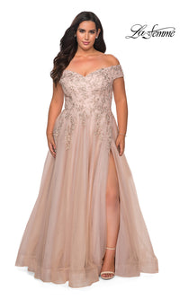 Champagne La Femme Embroidered Plus-Size Formal Ball Gown