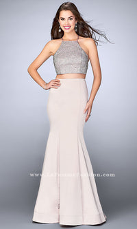 Champagne Two Piece La Femme Satin Open Back Prom Dress