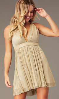 Champagne Short Homecoming V-Neck Metallic Party Dress