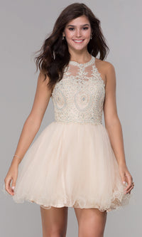 Champagne Sheer-Bodice Short Babydoll Homecoming Dress