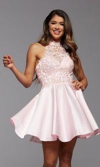 Cherry Blossom Lace-Bodice High-Neck Short Prom Dress