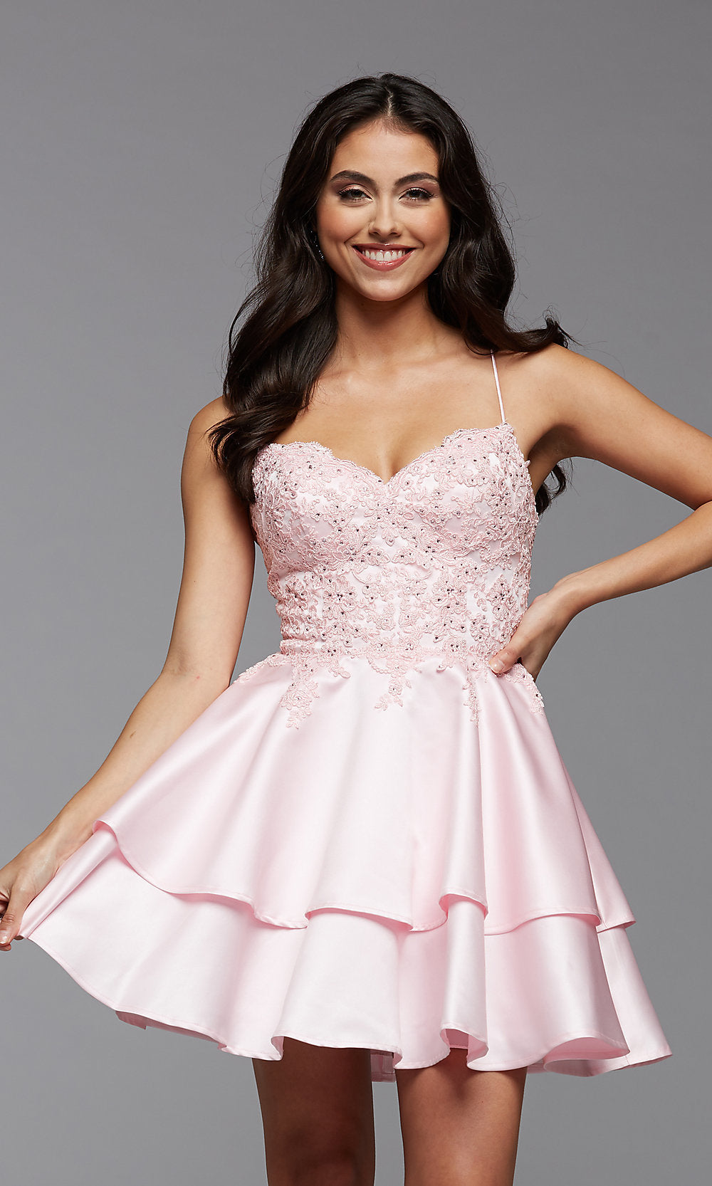 Cherry Blossom Beaded-Bodice Short Tiered Prom Dress with Corset
