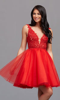 Cherry Sheer-Embroidered-Bodice Short Homecoming Dress