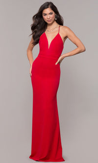 Cherry Red V-Neck Jersey-Crepe Open-Back Prom Dress by Simply