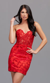 Cherry Red Short Strapless Homecoming Dress with Sheer Bodice