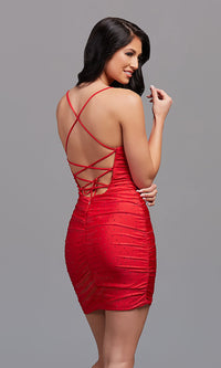  Strappy-Back Short Beaded Ruched Homecoming Dress