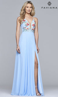 Cloud Blue Embroidered-Bodice Long Faviana Chiffon Prom Dress