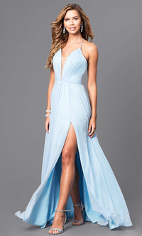 Cloud Blue Faviana Plunging Neckline Corset Back Formal Gown