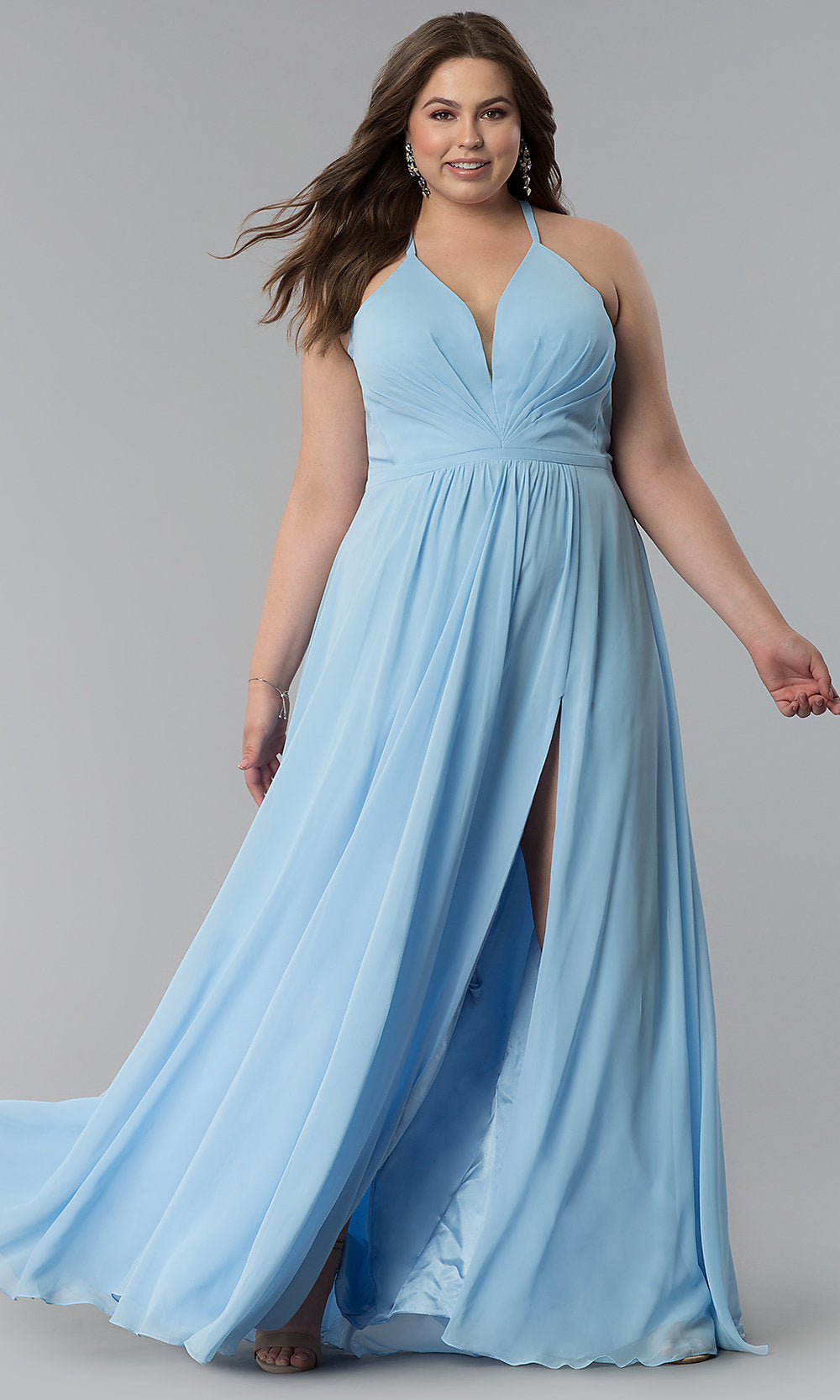 Cloud Blue Faviana Floor-Length Plus-Size Corset Prom Dress