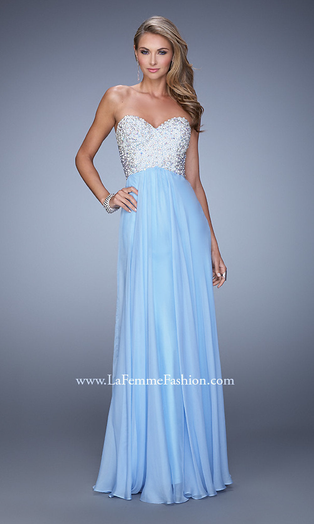 Cloud Blue Strappy-Back Long Strapless Prom Dress with Beads
