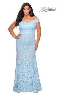 Cloud Blue Off-the-Shoulder Long Shimmer Lace Plus Prom Dress