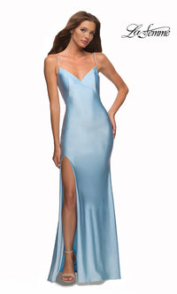 Cloud Blue La Femme Simple Long Prom Dress with Beaded Straps