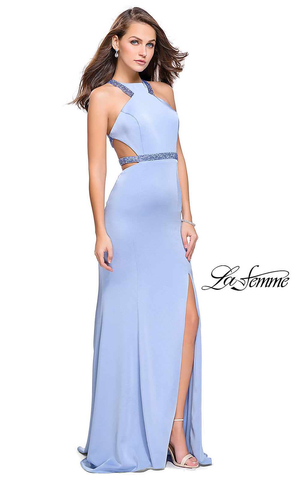 Cloud Blue Long La Femme Open-Back Prom Dress with Slit
