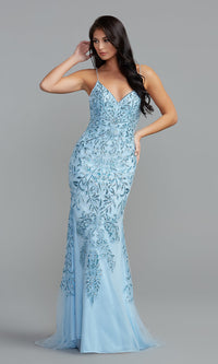 Cloudy Blue Corset-Back Long Blue Prom Dress with Sequins
