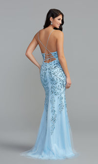  Corset-Back Long Blue Prom Dress with Sequins