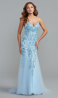 Cloudy Blue Long Mermaid Prom Dress with Sequin Floral Design