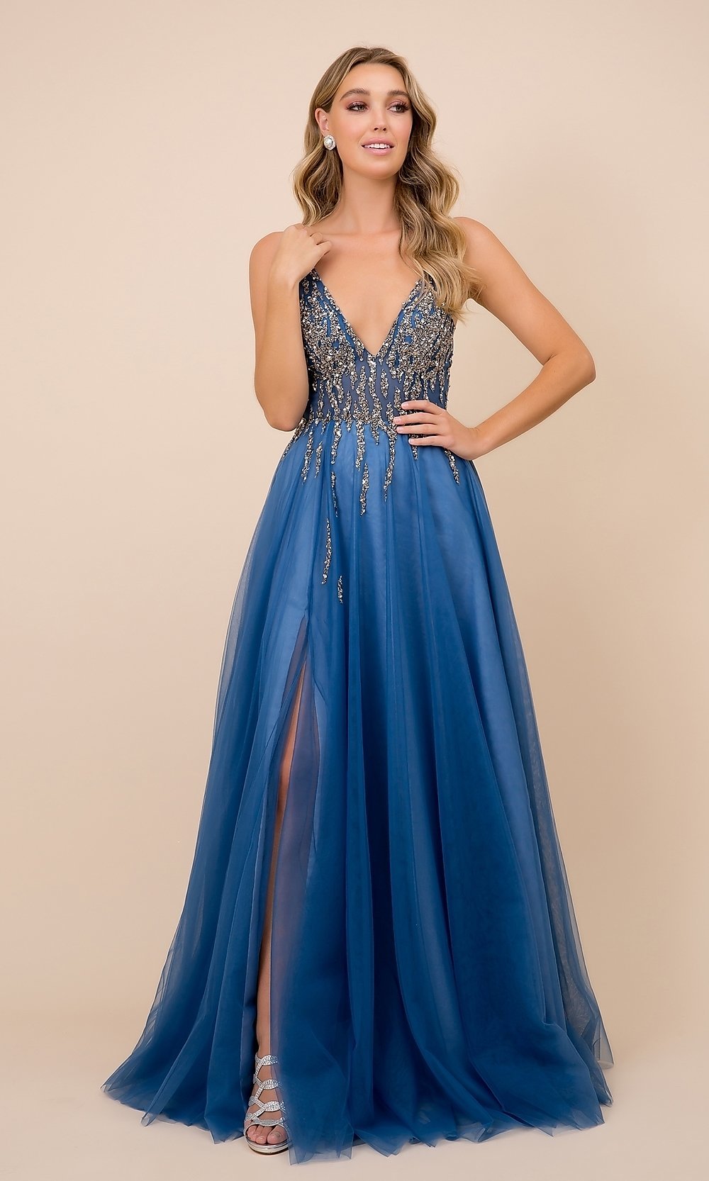 Cobalt Blue Embellished-Sheer-Bodice Long Formal Prom Dress