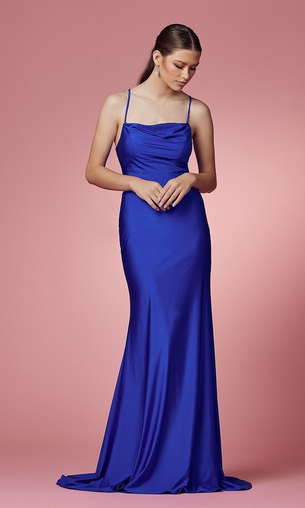 Cobalt Blue Cowl-Neck Long Prom Dress with Strappy Open Back