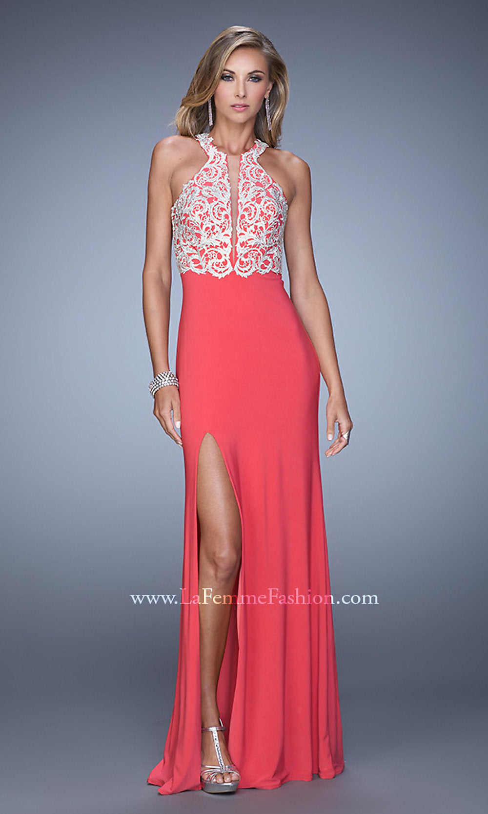 Coral Embroidered-Bodice La Femme Long Prom Dress