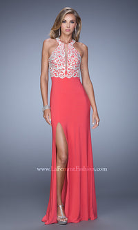 Coral Embroidered-Bodice La Femme Long Prom Dress