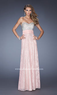 Cotton Candy Pink Full Length Sweetheart Open Back Lace Gown