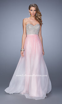 Cotton Candy Pink La Femme Lace-Bodice Long Ombre Prom Dress