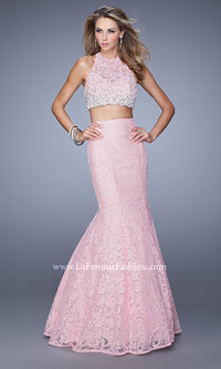 Cotton Candy Pink La Femme Two-Piece Long Lace Mermaid Prom Dress
