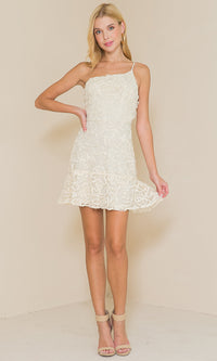 Cream Short One-Shoulder Swiss-Dot Graduation Dress