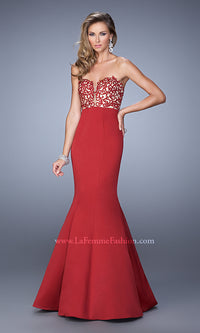 Crimson La Femme Strapless Sweetheart Mermaid Prom Dress