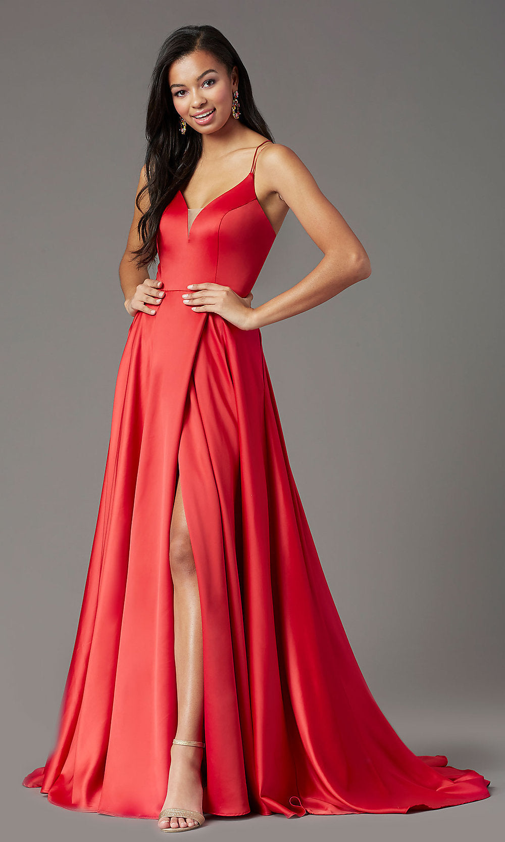 Long Faux-Wrap V-Neck Formal Prom Dress by PromGirl
