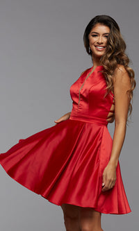 Crimson Short Satin Homecoming Dress with Strappy Back