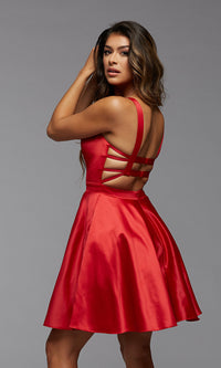  Short Satin Homecoming Dress with Strappy Back