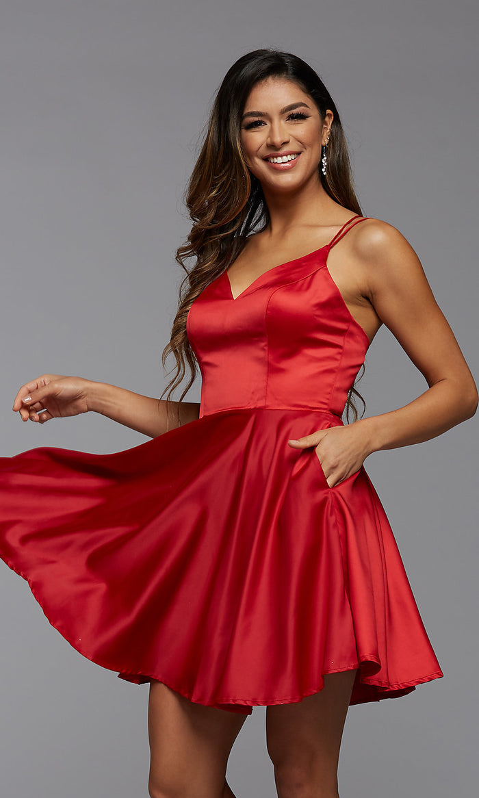 Crimson Strappy-Back Short Homecoming Dress with Pockets