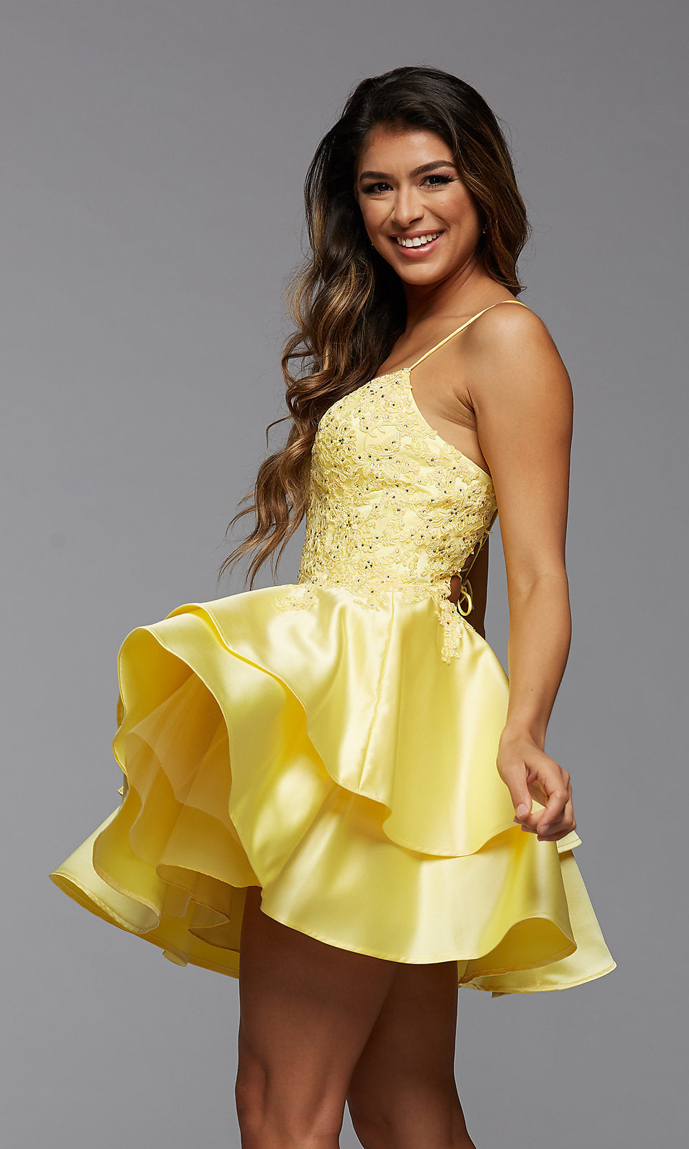 Dandelion Beaded-Bodice Short Tiered Prom Dress with Corset