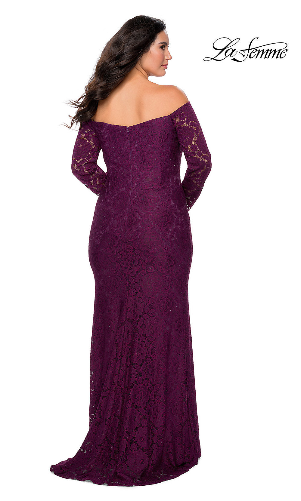 Long-Sleeve Long Lace Plus-Size Prom Dress by La Femme Dark Berry / 14W Long-Sleeve Long Lace Plus-Size Prom Dress by La Femme Dark Berry / 14W